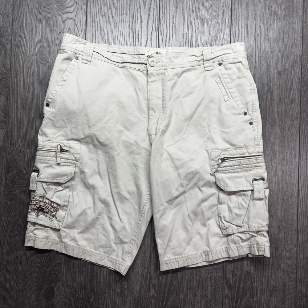 Point Zero Mens Cargo Shorts Beige Khaki Tactical Utility Embroidered Size 37